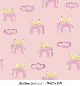 Cute seamless background with pink flying elephants and clouds (eps8)