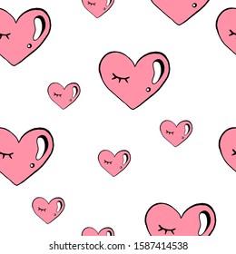 Cute seamless background with pink hearts for Valentines Day greeting cards, stickers, posters and seasonal design. Hand draw vector illustration. Isolated on transpatent background