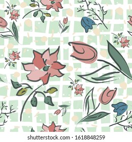 Cute Seamless background with plants, flowers  and leaves. Vector Illustration.