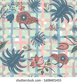 Cute Seamless background with plants and kiwi bird. Vector Illustration.