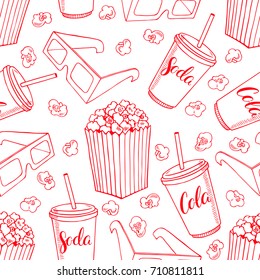 cute seamless background of popcorn, soda and 3d glasses. hand-drawn illustration