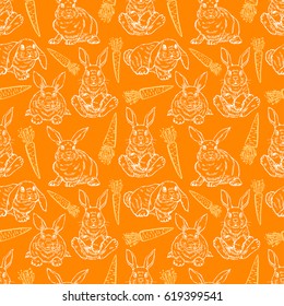 Cute seamless background of rabbits and carrots. Hand-drawn illustration