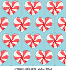 Cute seamless background with red and white striped candy hearts. vector illustration