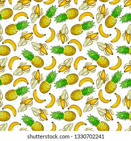 Cute seamless background with ripe appetizing pineapples and bananas

