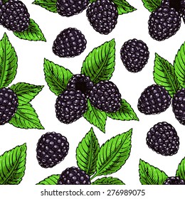 Cute seamless background with ripe bramble and leaves. hand-drawn illustration