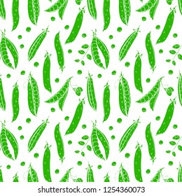 Cute seamless background of ripe fresh peas. Hand-drawn illustration