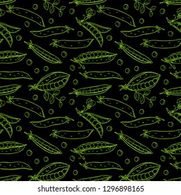 Cute seamless background of ripe fresh peas. Hand-drawn illustration