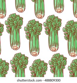 cute seamless background of ripe green celery. hand-drawn illustration