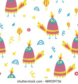 Cute seamless background. Rooster symbol of the new year for fabric, cards, invitations, wrapping paper, stationery and web backgrounds