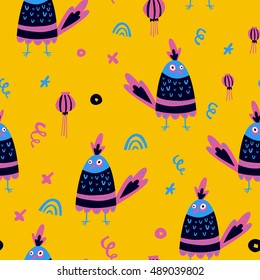 Cute seamless background. Rooster symbol of the new year for fabric, cards, invitations, wrapping paper, stationery and web backgrounds