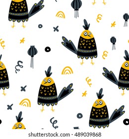 Cute seamless background. Rooster symbol of the new year for fabric, cards, invitations, wrapping paper, stationery and web backgrounds
