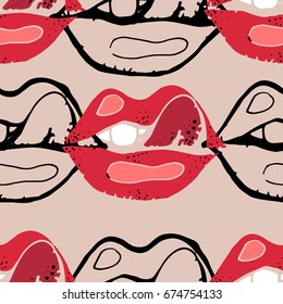 Cute Seamless Background. Sexy lips. Hand Drawn Pattern.