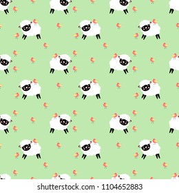 Cute seamless background with sheep and vivid bird
