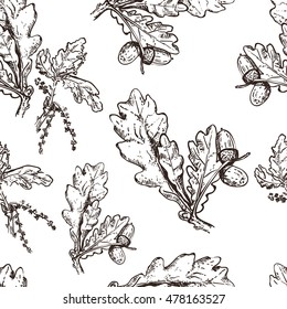 cute seamless background of sketch acorns and oak leaves. hand-drawn illustration