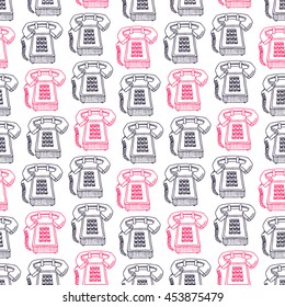 cute seamless background of sketch pink and black vintage phones. hand-drawn illustration