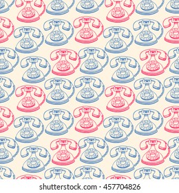 cute seamless background of sketch pink and blue vintage phones. hand-drawn illustration