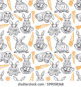 Cute seamless background of sketch rabbits and carrots. Hand-drawn illustration