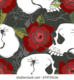 Cute Seamless Background. Skulls and roses. Hand Drawn Pattern.