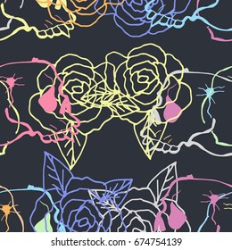 Cute Seamless Background. Skulls and roses. Hand Drawn Pattern.