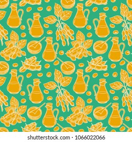 cute seamless background of soybeans and soy sauce. hand-drawn illustration