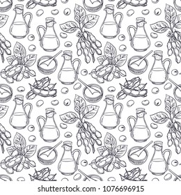 cute seamless background of soybeans and soy sauce. hand-drawn illustration