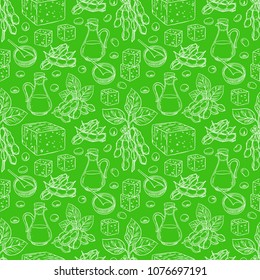 cute seamless background of soybeans soy sauce and tofu. hand-drawn illustration