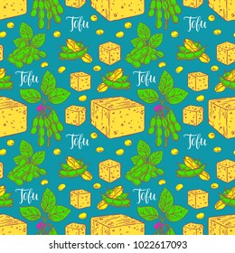 cute seamless background of soybeans and tofu. hand-drawn illustration