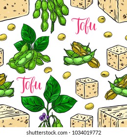 cute seamless background of soybeans and tofu. hand-drawn illustration