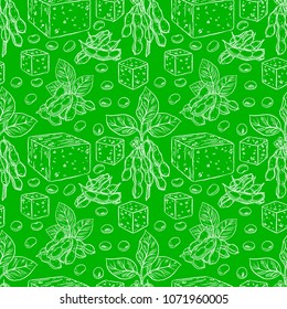 cute seamless background of soybeans and tofu. hand-drawn illustration