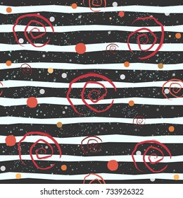 Cute Seamless background with spirals, stars and stripes. Vector Illustration.