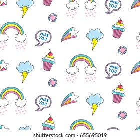 Cute seamless background with star, rainbow and other object