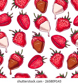 cute seamless background. strawberries with dark and white chocolate