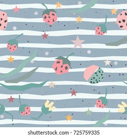 Cute Seamless background with strawberry and leaves. Vector Illustration.