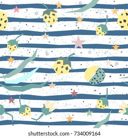 Cute Seamless background with strawberry and leaves. Vector Illustration.