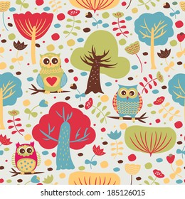 Cute seamless background with trees, flowers and owls in cartoon style.