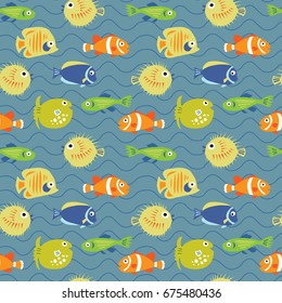 Cute seamless background with a tropical fish on waves
