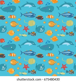 Cute seamless background with a tropical underwater animals