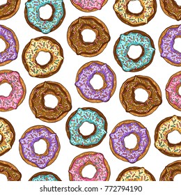 cute seamless background of varicolored donuts. hand-drawn illusrtration