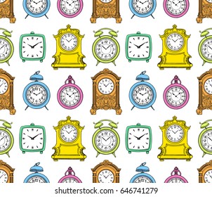 cute seamless background of varicoloured vintage clock. hand-drawn illustration