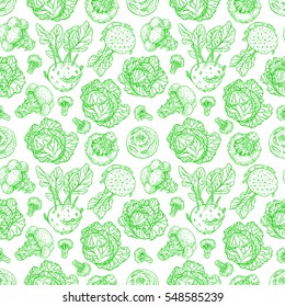 cute seamless background of various kinds of sketch cabbage. white cabbage, scotch kale, kohlrabi, broccoli. hand-drawn illustration