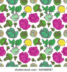 cute seamless background of various kinds of cabbage. white cabbage, Scotch kale, kohlrabi, broccoli. hand-drawn illustration