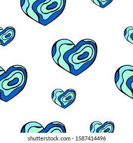 Cute seamless background with wavy hearts for Valentines Day greeting cards, stickers, posters and seasonal design. Hand draw vector illustration. Isolated on transpatent background