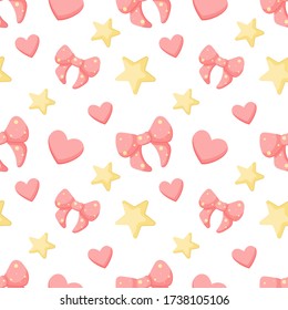 Cute seamless background with, pink bow, pink hearts and yellow stars. Vector endless pattern. Great for paper, card, wallpaper, banner, fabric, interior.