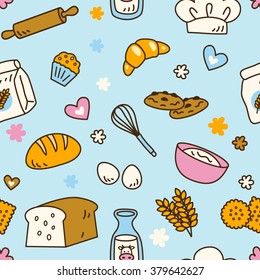 Cute seamless bakery pattern with baby blue background color in vector. Suitable for wallpaper, wrapping paper, packaging, fabric, or textile pattern.