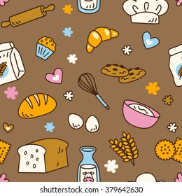Cute seamless bakery pattern with brown background color in vector. Suitable for wallpaper, wrapping paper, packaging, fabric, or textile pattern.