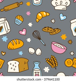 Cute seamless bakery pattern with cool grey background color in vector. Suitable for wallpaper, wrapping paper, packaging, fabric, or textile pattern.