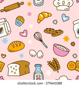 Cute seamless bakery pattern with pretty pink background color in vector. Suitable for wallpaper, wrapping paper, packaging, fabric, or textile pattern.