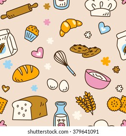 Cute seamless bakery pattern with soft beige background color in vector. Suitable for wallpaper, wrapping paper, packaging, fabric, or textile pattern.