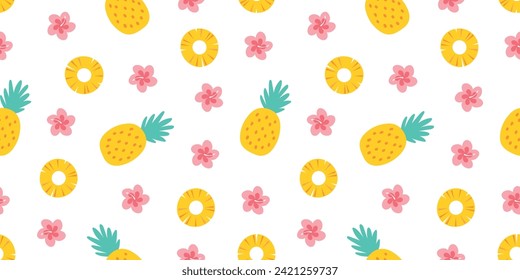 Cute seamless banner with pineapples and hibiscus flowers