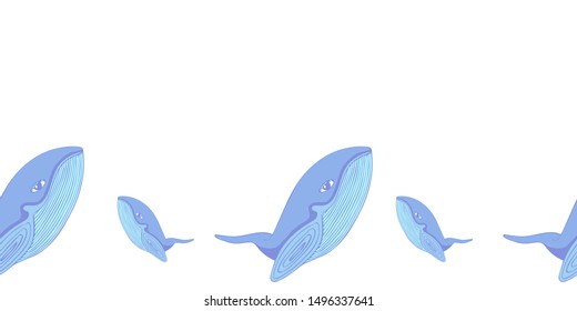 Cute seamless banner template with blue whales and copy space. White background. Doodle hand drawn style illustration. Vector.